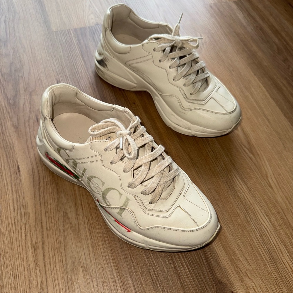 Gucci Cream Leather Chunky Sneakers with Red & Green Accent